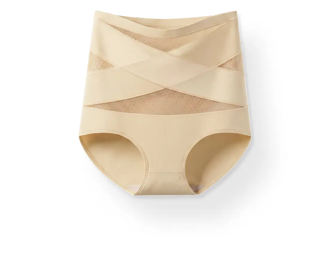 Culotte gainante taille haute Coozyz, coloris beige, bande croisée en X