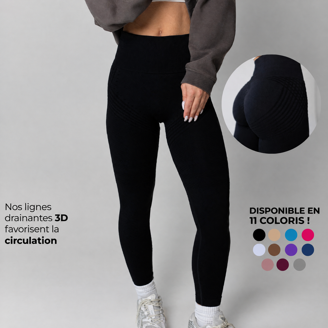 Legging sculptant 3D Coozyz noir, lignes 3D, disponible en 11 coloris